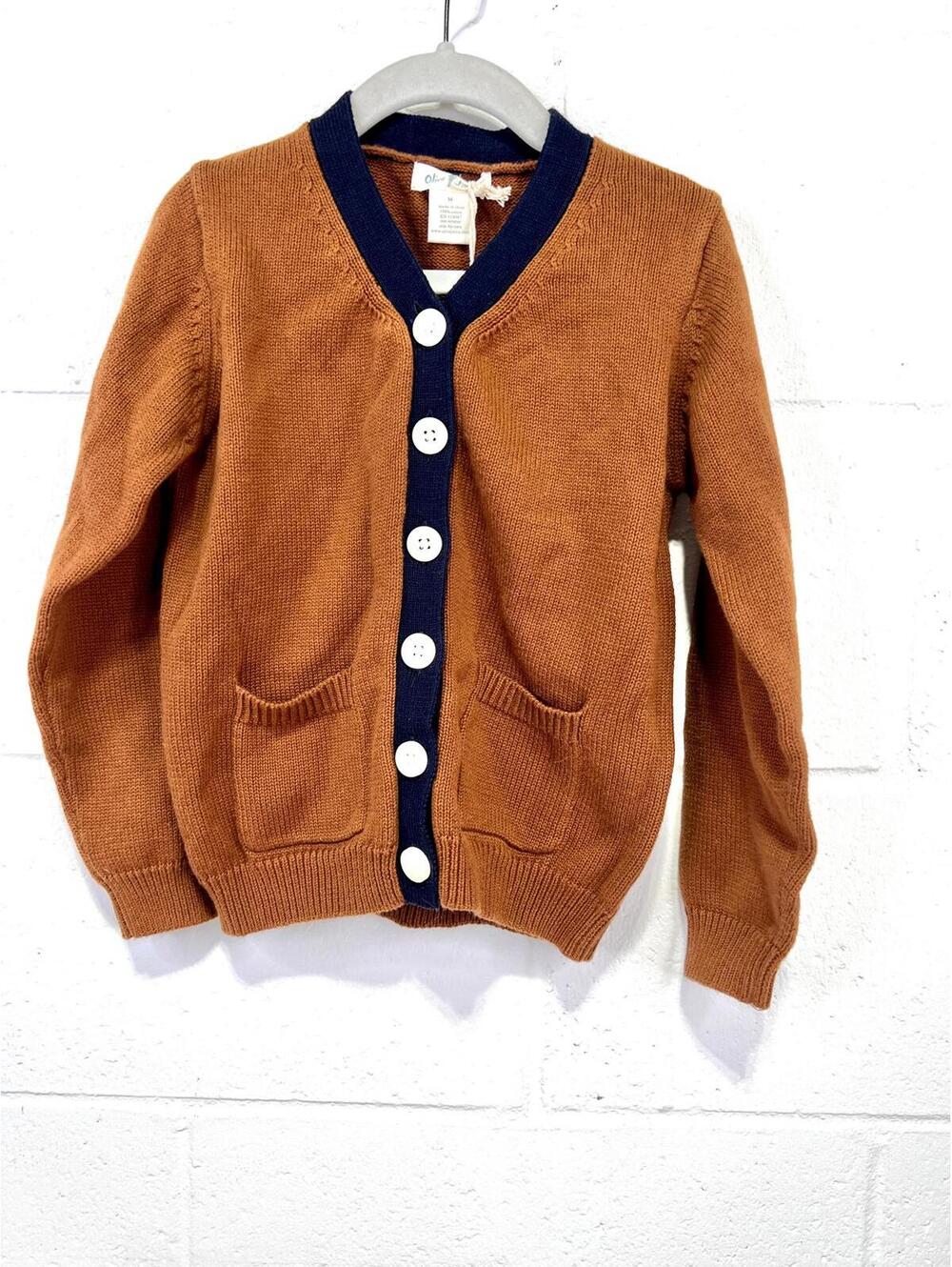 Olive Juice Unisex KIDS Medium Cardigan Sweater in Pecan with Dark Navy Trim NWT